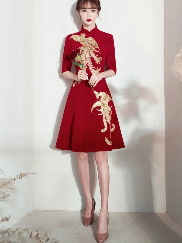 Burgundy A-Line Phoenix Cheongsam Qi Pao Wedding Dress