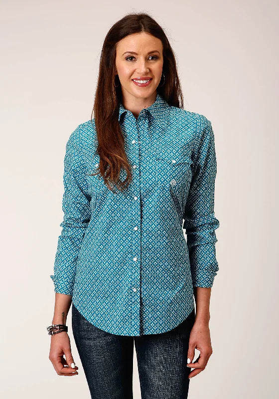 WOMENS LONG SLEEVE SNAP DIAMOND PRINT TURQUOISE WESTERN SHIRT Elegant Classic Vintage WOMENS LONG SLEEVE SNAP DIAMOND PRINT TURQUOISE WESTERN SHIRT Elegant Classic Vintage