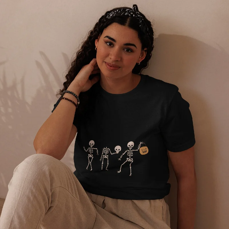 3 Skeleton Dancing Halloween Graphic Women Staple Eco T-Shirt Hooded Caped Shawl Collar 3 Skeleton Dancing Halloween Graphic Women Staple Eco T-Shirt Hooded Caped Shawl Collar