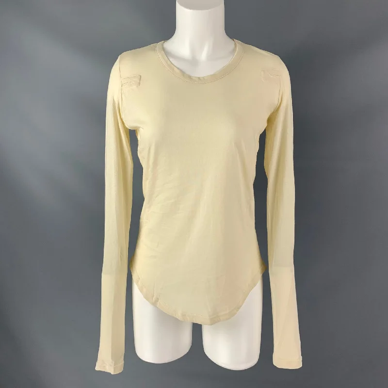 ANN DEMEULEMEESTER Size 2 Cream "Ivory Youth" Cotton Solid Long Sleeve T-Shirt Mesh Blend Leather Blend Suede Blend