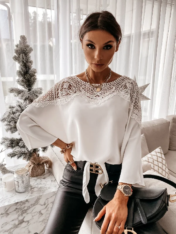 Long-Sleeved Lace Stitching Shirt Fitted T-Shirt Seamless Stretchy