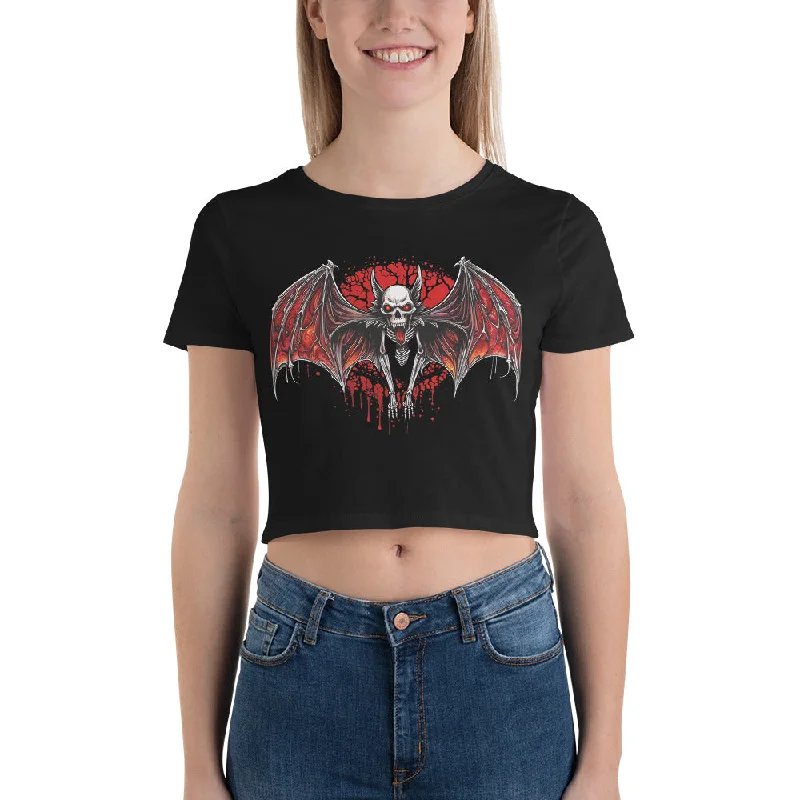 Blood Moon Demon Vampire Bat Halloween Women’s Crop Tee Elegant Classic Vintage