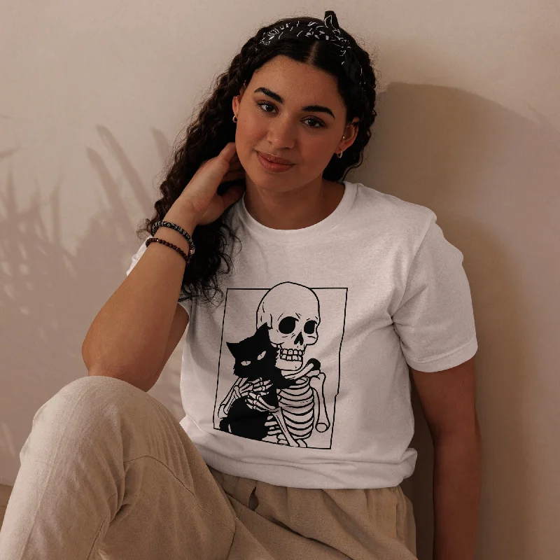 Cat & Skeleton Halloween Graphic Women Staple Eco T-Shirt Front Pockets Side Pockets Patch Pockets Cat & Skeleton Halloween Graphic Women Staple Eco T-Shirt Front Pockets Side Pockets Patch Pockets