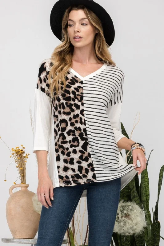 Celeste Full Size Front Leopard and Striped Print V-Neck T-Shirt Polka Dot Checkered Tartan