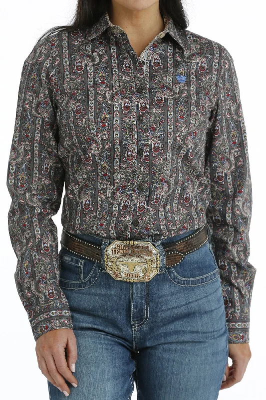 Cinch Ladies Button Down Western L/S Shirt - Grey Paisley - MSW9165047 Striped Floral Plaid