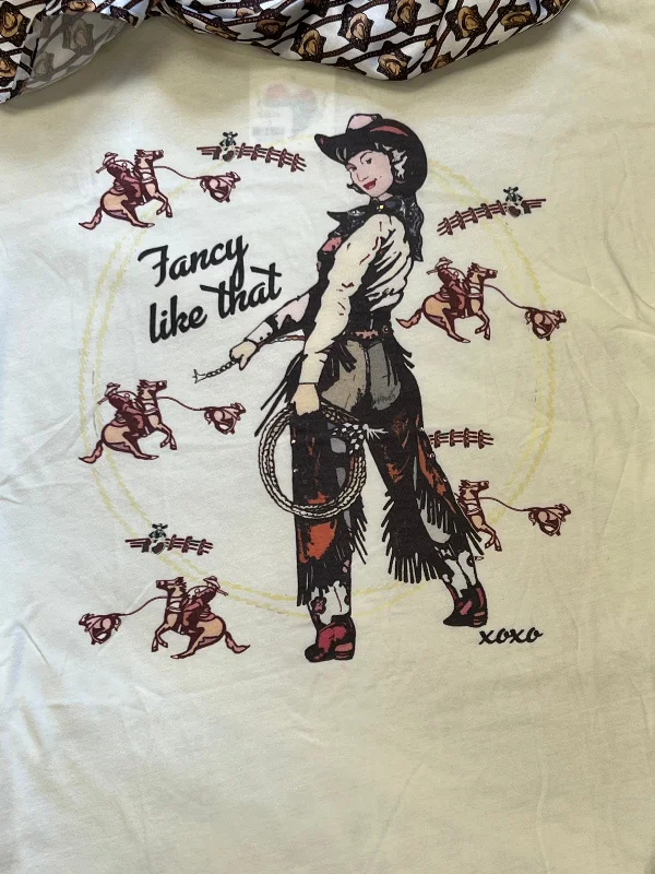 XOXO 'Fancy Like That' Distressed Cream Western Tee Shirt Graphic Embroidered Appliqued