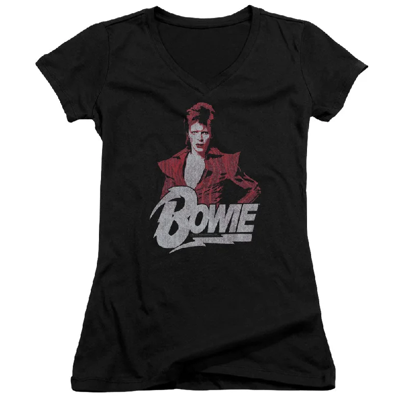 David Bowie Diamond David Junior's 30/1 100% Cotton Cap-Sleeve Sheer V-Neck T-Shirt Front Pockets Side Pockets Patch Pockets