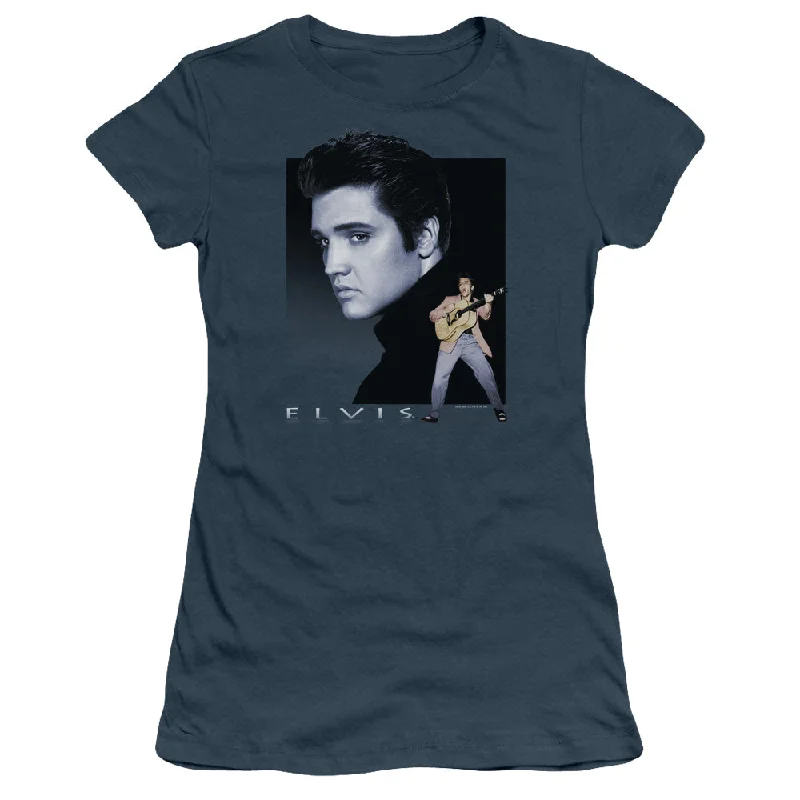 Elvis Presley Blue Rocker Junior's 30/1 100% Cotton Cap-Sleeve Sheer T-Shirt Layered Multi-layer Single Layer