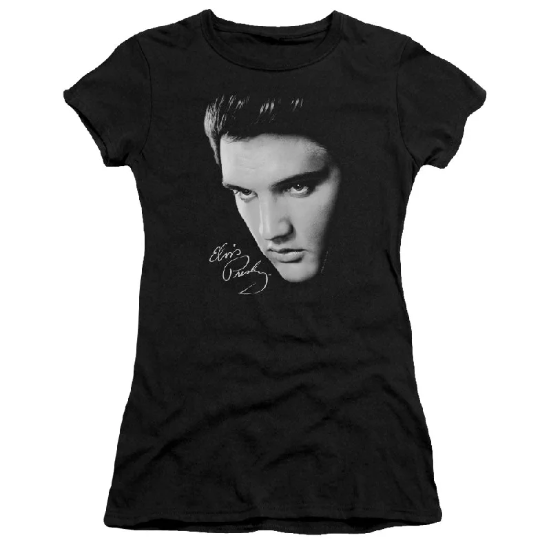 Elvis Presley Face Junior's 30/1 100% Cotton Cap-Sleeve Sheer T-Shirt Welt Pockets Slit Pockets Flap Pockets