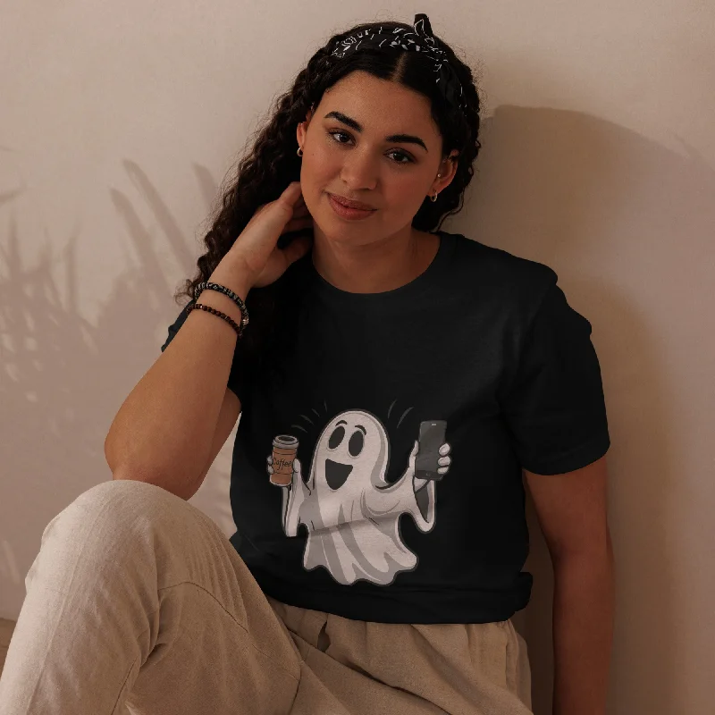 Ghost with Coffee Halloween Graphic Women Staple Eco T-shirt Terry Blend Velvet Blend Canvas Blend Ghost with Coffee Halloween Graphic Women Staple Eco T-shirt Terry Blend Velvet Blend Canvas Blend
