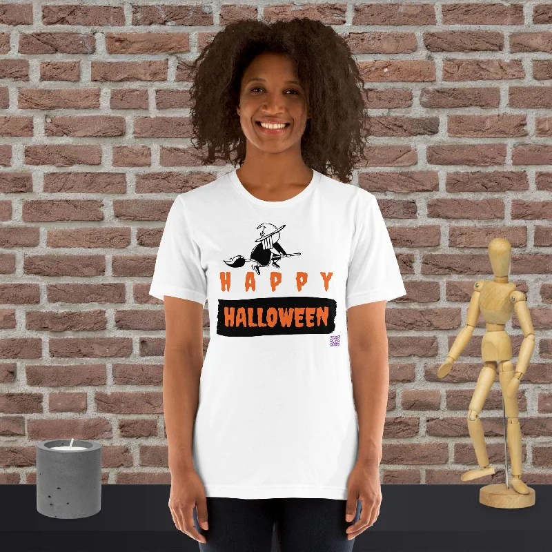 Happy Halloween Unisex t-shirt, Halloween Witch on broom T-Shirt, Traditional witch flying on broom "Happy Halloween" Tee Spandex Blend Rayon Blend Denim Blend