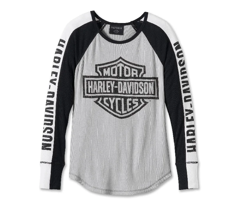 Harley-Davidson® Women's Bar & Shield Raglan Long Sleeve Tee - Colorblocked - Vapor Blue Hooded Caped Shawl Collar