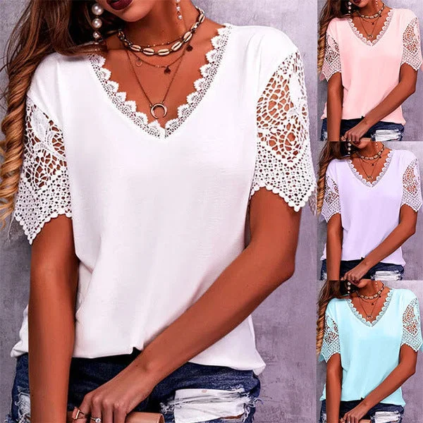 Lace Tops Women Summer Loose V Neck Short Sleeve Casual Shirts Chenille Blend Fleece Blend Nylon Blend