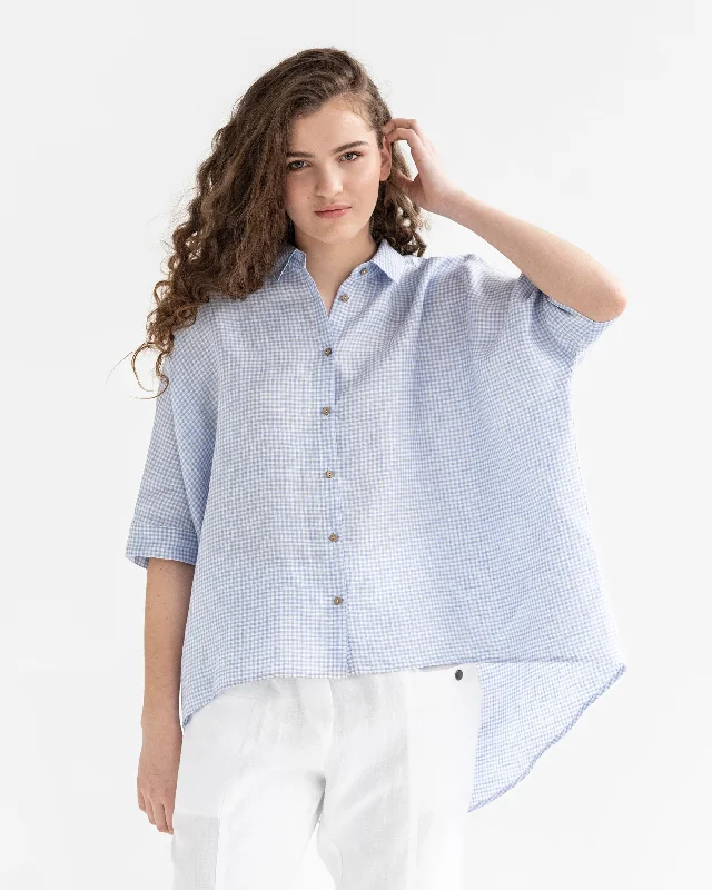 Lightweight linen shirt HANA in Blue gingham Zippered Front Buttoned Front Snap Front