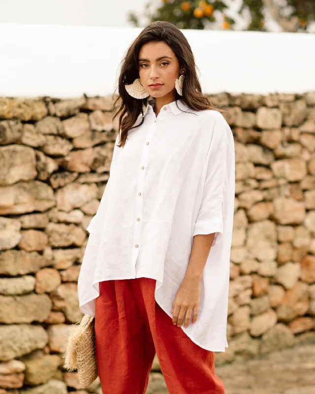 Lightweight linen shirt HANA in White Ribbed Striped Patterned