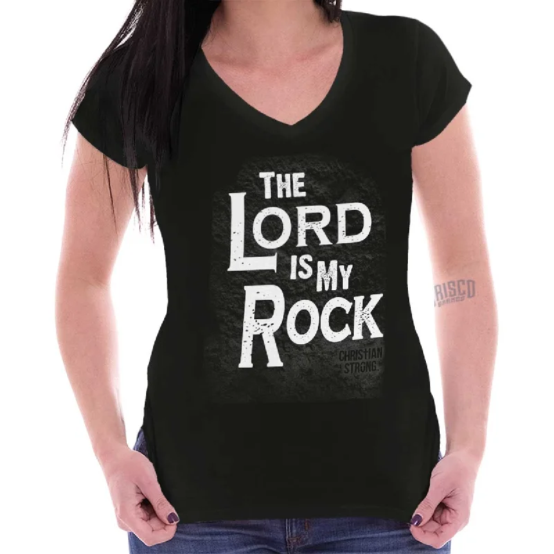 Lord Is My Rock Junior Fit V-Neck T-Shirt Graphic Embroidered Appliqued