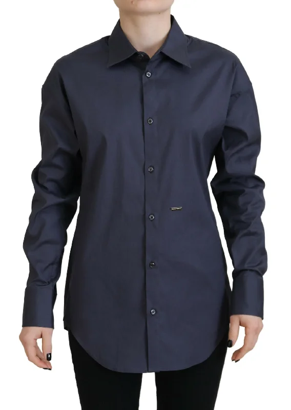 Navy Blue Cotton Button Down Collared Shirt Top V-Neck T-Shirt Long Sleeve Cotton