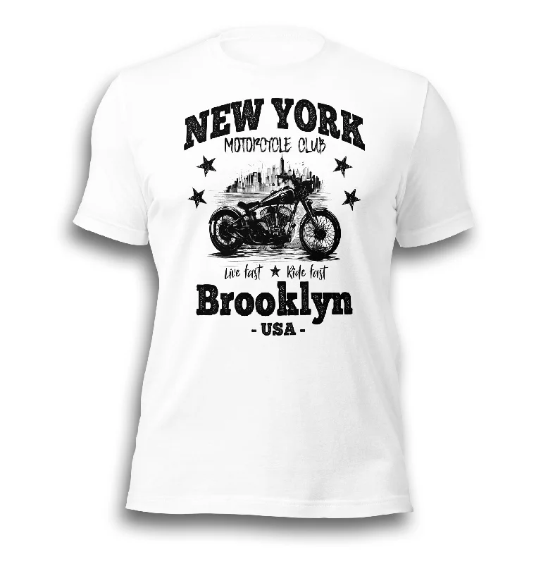 NY MOTORCYCLE CLUB BROOKLYN WHITE UNISEX T-SHIRT Zippered Buttoned Snapped