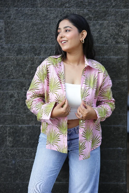 Palm Leaf on Pink 100% Cotton Full Sleeves Women's Shirt Collared Crew Neck Turtle Neck