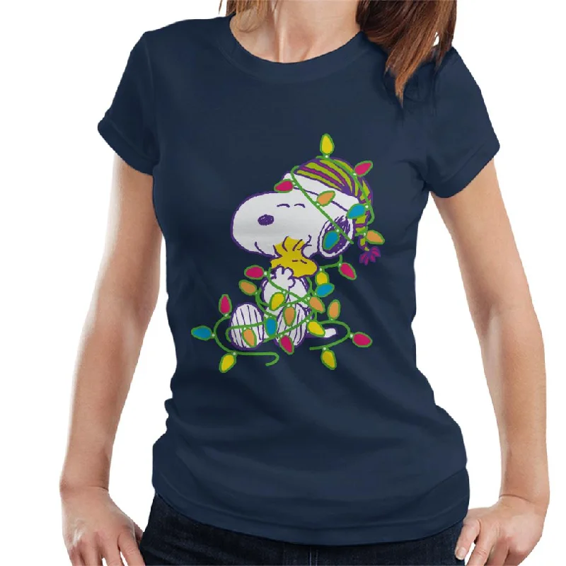 Peanuts Christmas Festive Lights Hug Women's T-Shirt Embroidered Appliqued Beaded