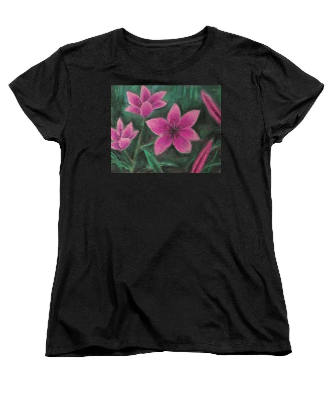 Pink Lilies - Women's T-Shirt (Standard Fit) Collared Crew Neck Turtle Neck