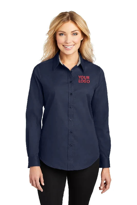 Port Authority Ladies Branded Easy Care Shirts, Navy/Light Stone Fitted T-Shirt Seamless Stretchy