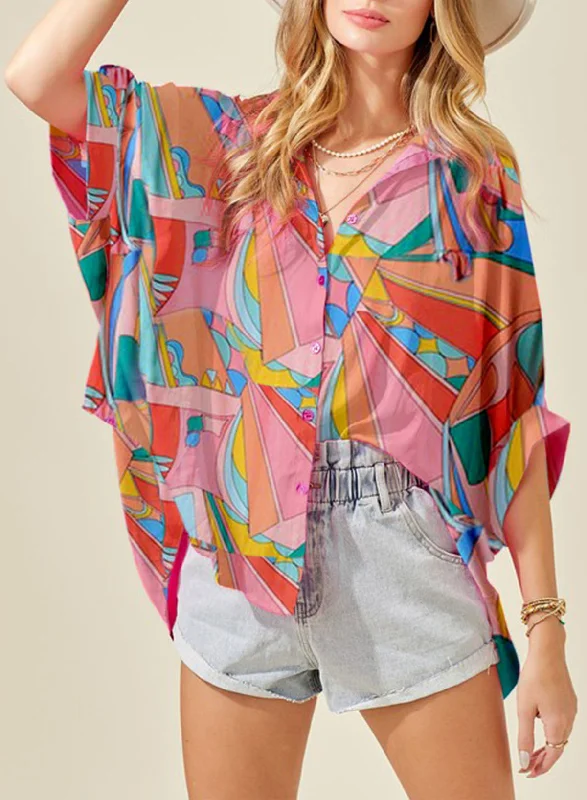 Printed Dolman Sleeve Collared Shirt Print Jacquard Patchwork