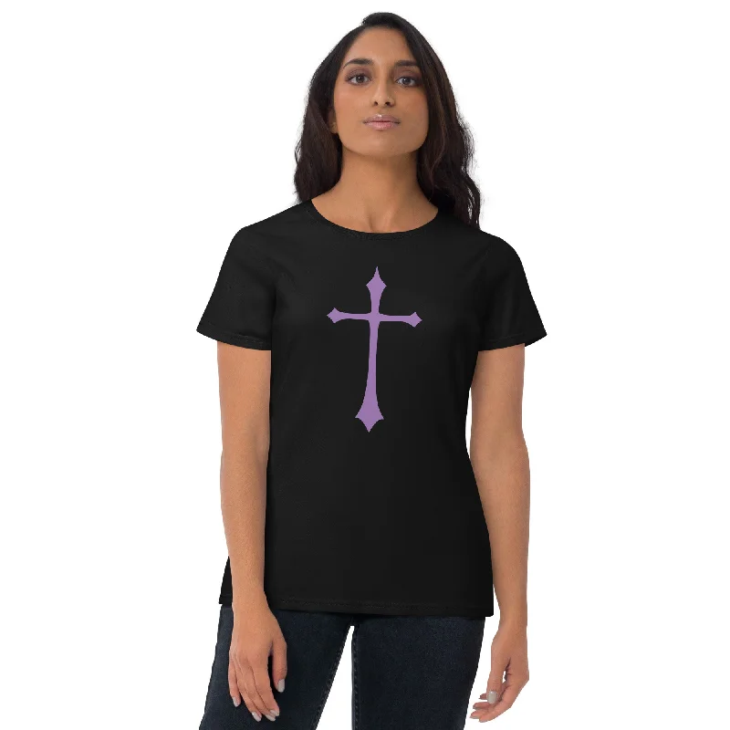 Purple Gothic Medeival Holy Cross Women's Short Sleeve Babydoll T-shirt Chenille Brocade Lace