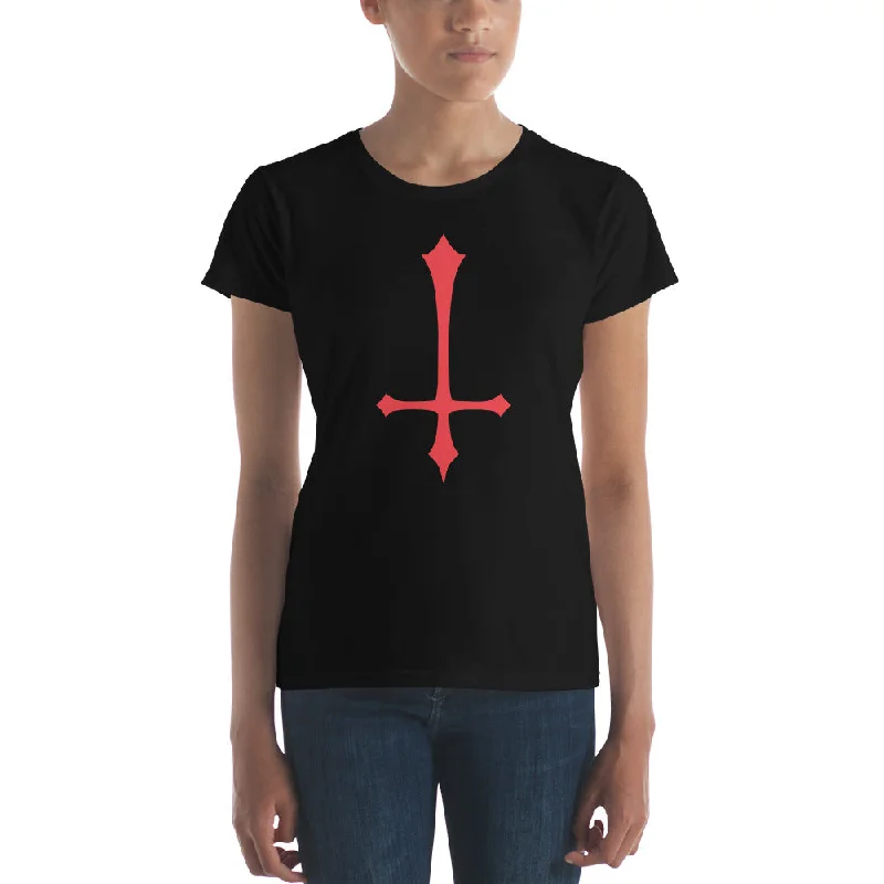 Red Inverted Satanic Unholy Cross Women's Short Sleeve Babydoll T-shirt Wool Fabric Cashmere Fabric Tweed Fabric