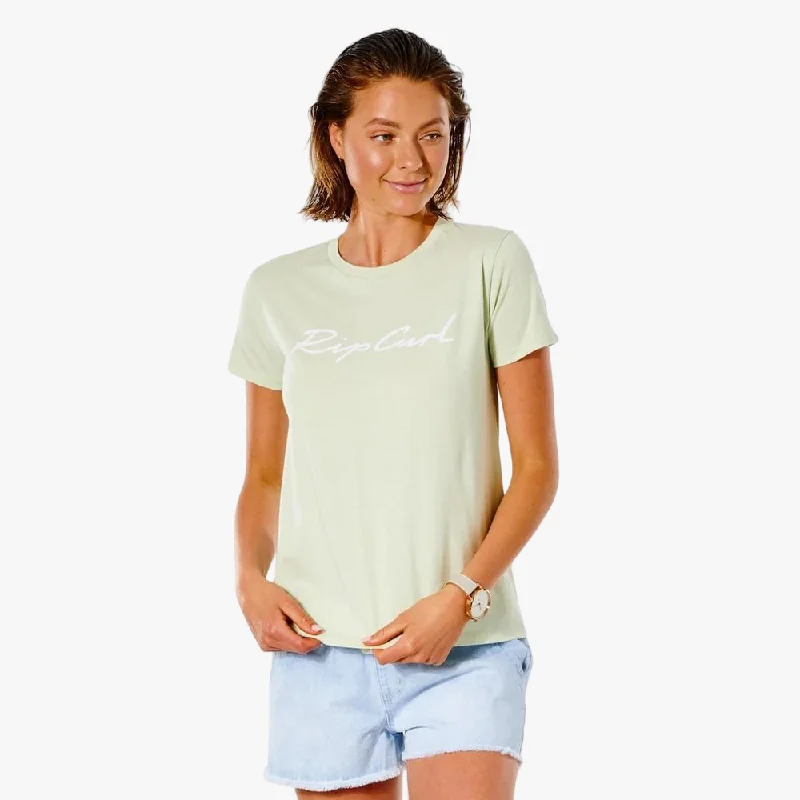 Ripcurl Womens Script Standard Short Sleeve Tee Green Welt Pockets Slit Pockets Flap Pockets