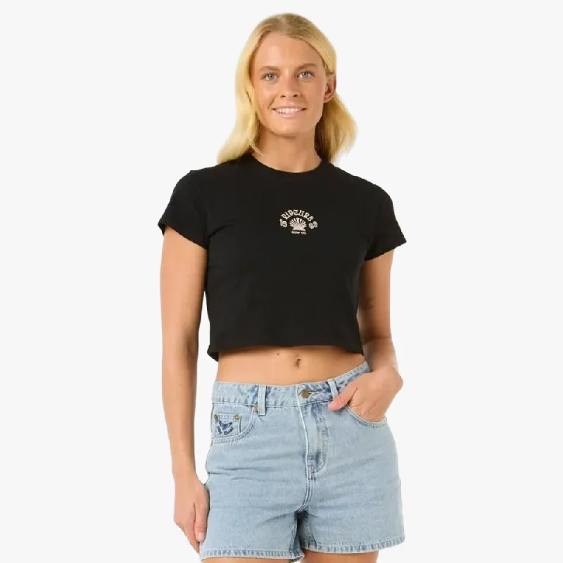 Ripcurl Womens Soleil Baby Short Sleeve Tee Washed Black Silk Blend Satin Velvet