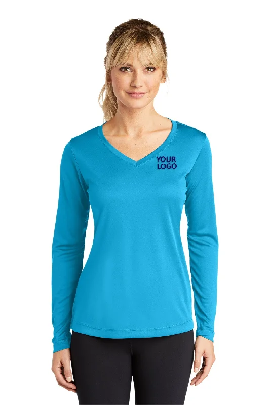 Sport-Tek Ladies Long Sleeve PosiCharge Competitor Custom V-Neck Tee's, Atomic Blue Plaid T-Shirt Polka Dot Checkered Sport-Tek Ladies Long Sleeve PosiCharge Competitor Custom V-Neck Tee's, Atomic Blue Plaid T-Shirt Polka Dot Checkered