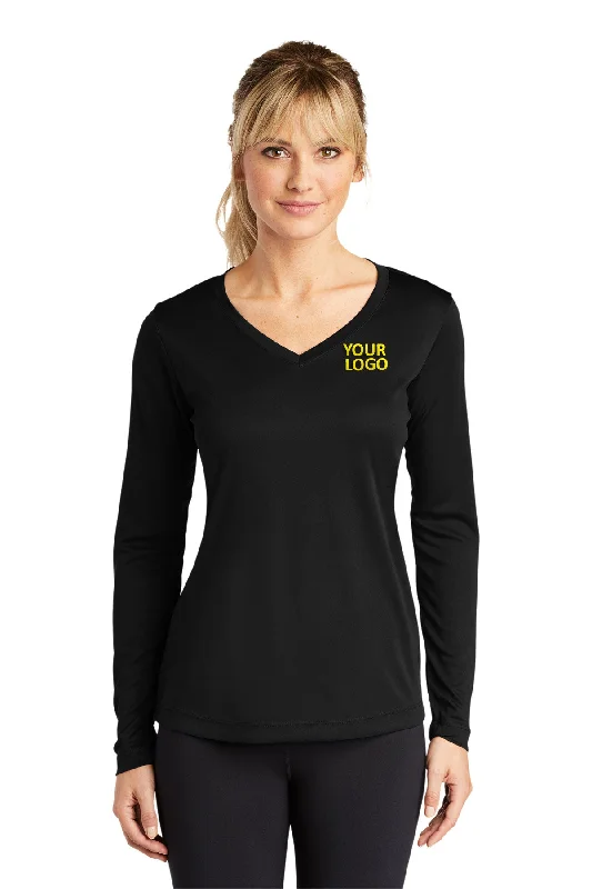 Sport-Tek Ladies Long Sleeve PosiCharge Competitor Custom V-Neck Tee's, Black Striped Floral Plaid Sport-Tek Ladies Long Sleeve PosiCharge Competitor Custom V-Neck Tee's, Black Striped Floral Plaid
