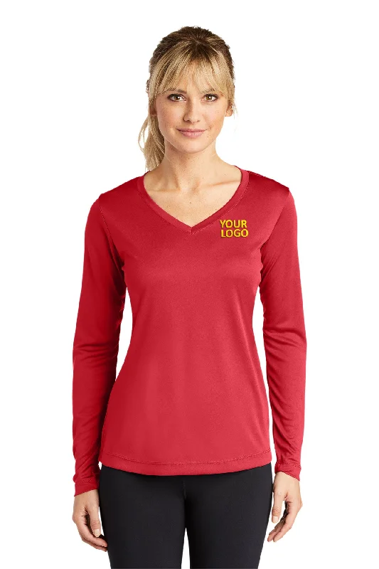 Sport-Tek Ladies Long Sleeve PosiCharge Competitor Branded V-Neck Tee's, True Red Fitted T-Shirt Seamless Stretchy Sport-Tek Ladies Long Sleeve PosiCharge Competitor Branded V-Neck Tee's, True Red Fitted T-Shirt Seamless Stretchy