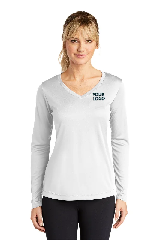 Sport-Tek Ladies Long Sleeve PosiCharge Competitor Branded V-Neck Tee's, White Mesh Fabric Canvas Fabric Denim Fabric Sport-Tek Ladies Long Sleeve PosiCharge Competitor Branded V-Neck Tee's, White Mesh Fabric Canvas Fabric Denim Fabric
