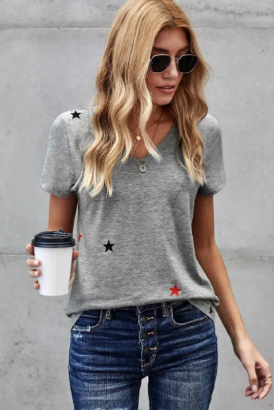 Star Print V-Neck Tee Shirt Oversized T-Shirt Spandex breathable