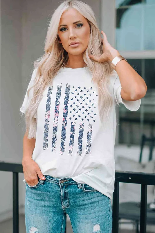 American Flag Floral Ladies T-Shirt Basic T-Shirt Crew Neck Short Sleeve