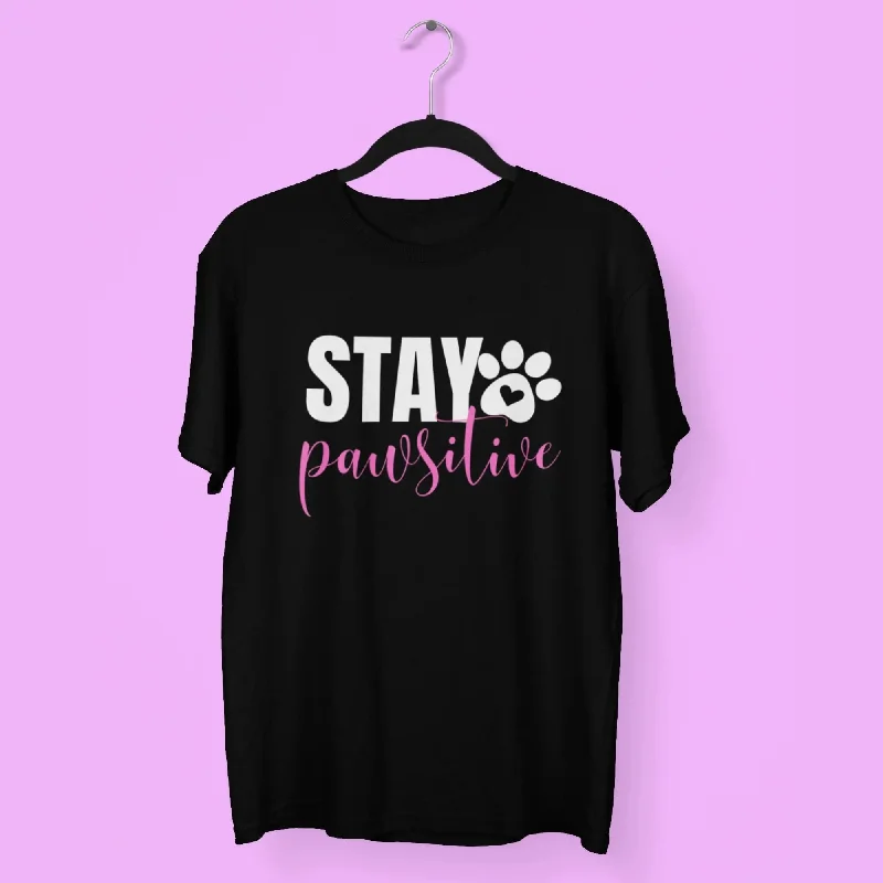 Stay Pawsitive Round Neck Half Sleeve Classic T-Shirt Front Pockets Side Pockets Patch Pockets