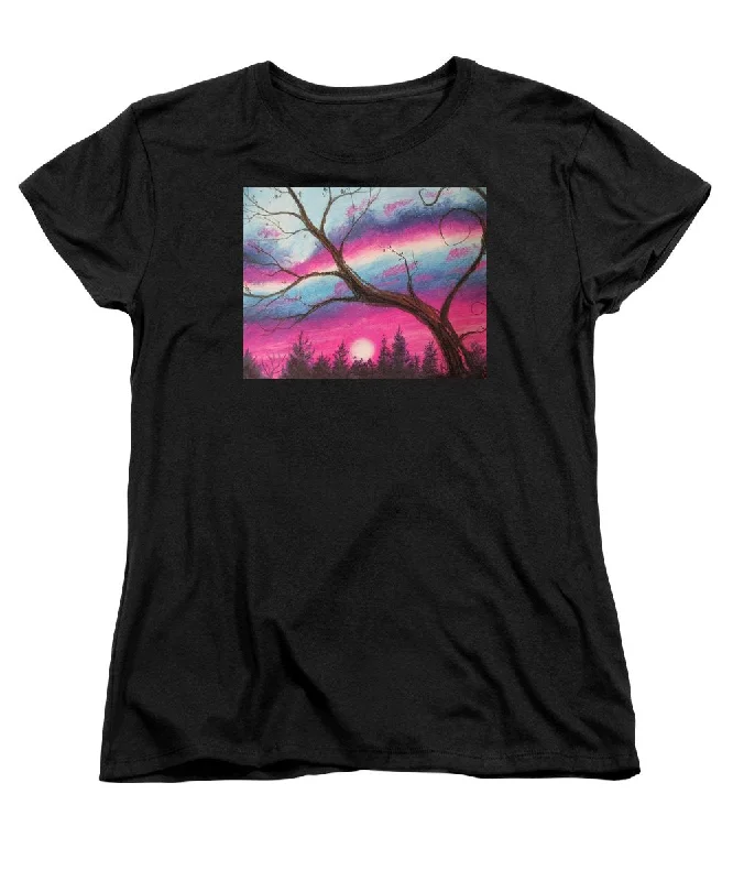 Sunsetting Tree - Women's T-Shirt (Standard Fit) Beaded Sequined Faux Fur