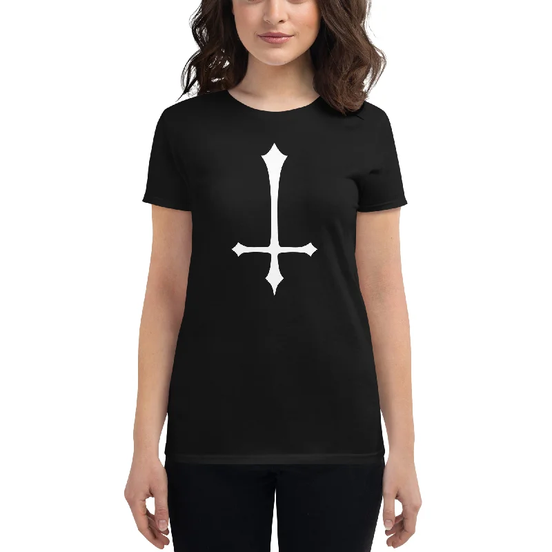 White Inverted Satanic Unholy Cross Women's Short Sleeve Babydoll T-shirt Chenille Blend Fleece Blend Nylon Blend