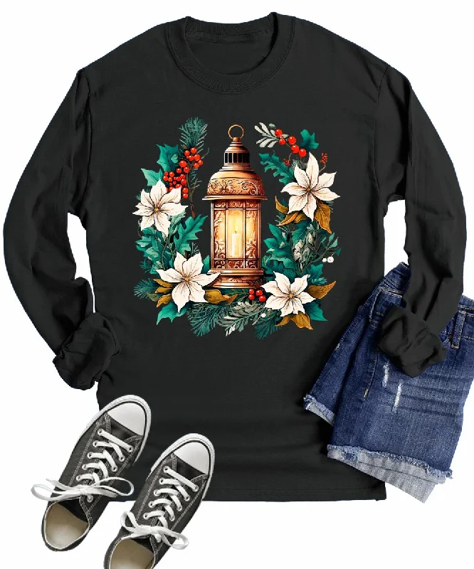 Winter Floral Lantern Christmas Women's Long Sleeve T-Shirt Cotton Fabric Linen Fabric Terry Fabric Winter Floral Lantern Christmas Women's Long Sleeve T-Shirt Cotton Fabric Linen Fabric Terry Fabric