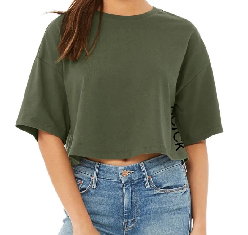 Women’s Drop Shoulder Short Sleeve Jersey Crop Tee Spandex Blend Rayon Blend Denim Blend Women’s Drop Shoulder Short Sleeve Jersey Crop Tee Spandex Blend Rayon Blend Denim Blend