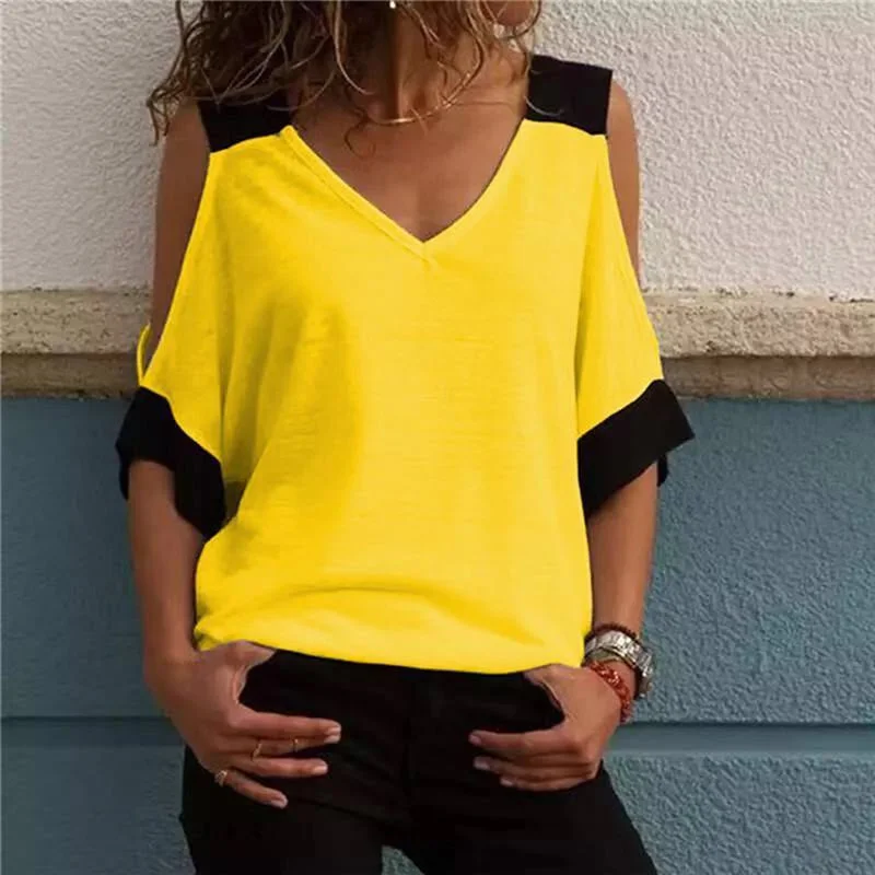 Women's Patchwork Cold Shoulder T-shirt Plus Size Tops V-Neck Knit Fabric Woven Fabric Fleece Fabric Women's Patchwork Cold Shoulder T-shirt Plus Size Tops V-Neck Knit Fabric Woven Fabric Fleece Fabric
