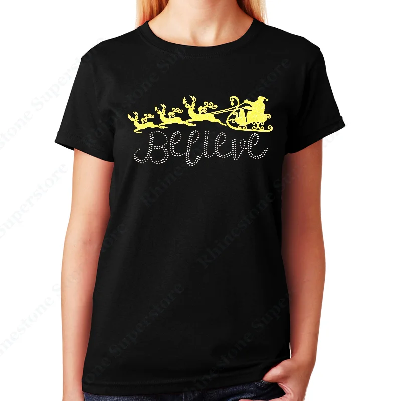 Women's / Unisex T-Shirt with Believe with Santa Sleigh in Glitters and Rhinestones Hooded Caped Shawl Collar Women's / Unisex T-Shirt with Believe with Santa Sleigh in Glitters and Rhinestones Hooded Caped Shawl Collar