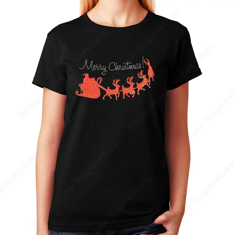Women's / Unisex T-Shirt with Merry Christmas with Red Santa Sleigh in Glitters and Rhinestones Boxy Fit Fitted Loose Women's / Unisex T-Shirt with Merry Christmas with Red Santa Sleigh in Glitters and Rhinestones Boxy Fit Fitted Loose