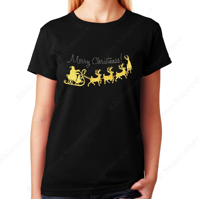 Women's / Unisex T-Shirt with Merry Christmas with Yellow Santa Sleigh in Glitters and Rhinestones Embroidered Appliqued Beaded Women's / Unisex T-Shirt with Merry Christmas with Yellow Santa Sleigh in Glitters and Rhinestones Embroidered Appliqued Beaded