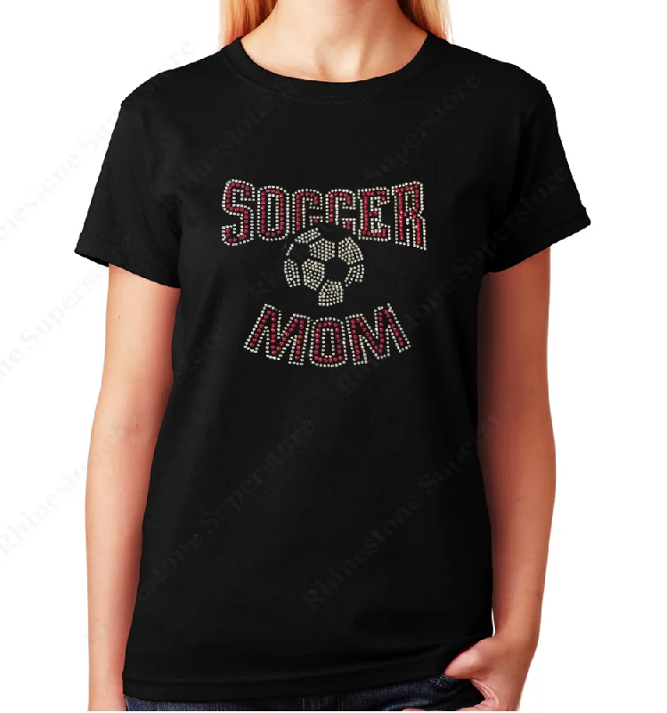 Women's / Unisex T-Shirt with Red Soccer Mom in Rhinestones Chenille Blend Fleece Blend Nylon Blend