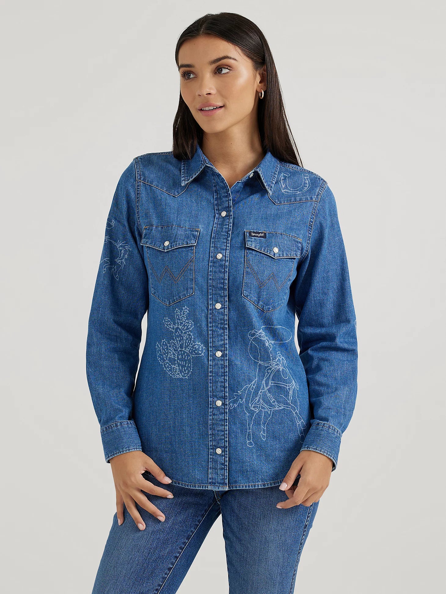 Women's Wrangler Lasered Icons Cowboy Snap Shirt in Medium Wash Chenille Blend Fleece Blend Nylon Blend